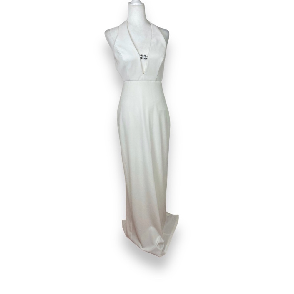 A.B.S Allen Schwartz white Halter Deep
V-neck Evening Maxi Gown Hematite M